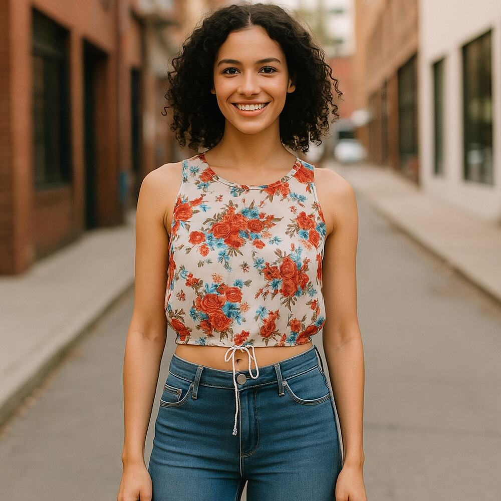 Mimi Chica Top Sheer Floral Drawstring